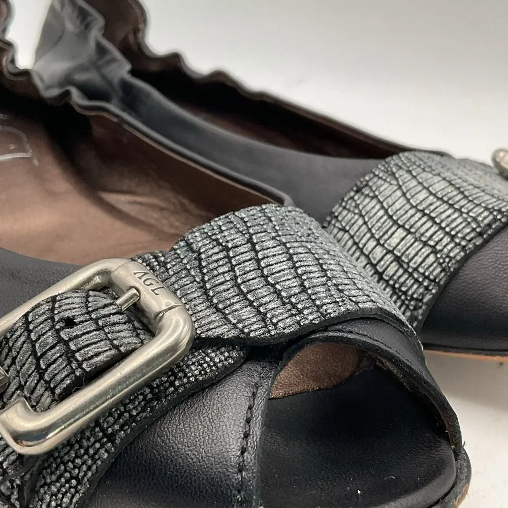AGL ladies ballet flats shoes 38 1/2 us 8 1/2 black silver peep toe leather chic - Picture 12 of 13